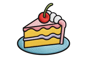 Pink frosted cake slice with cherry dessert sweet