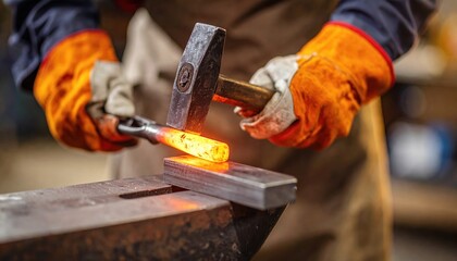 A blacksmith's gloved hands wielding a hammer striking a vibrant heated metal bar on an old anvil