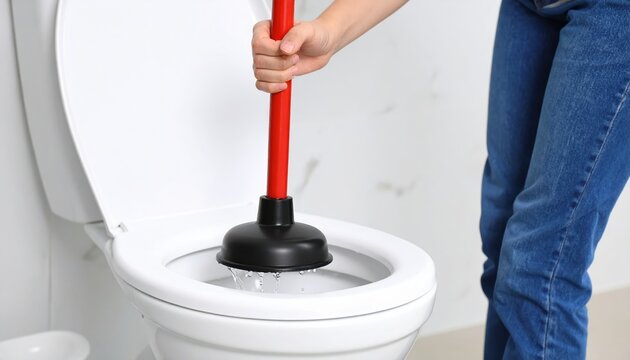 A person's hand holds a red handled black plunger inside a white toilet bowl with water splashing
