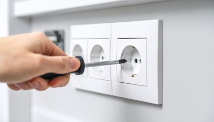 Naklejka premium Close up of a human hand holding a screwdriver performing electrical work on a white wall power outlet