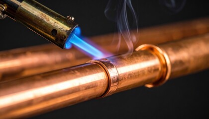 Close up of a blowtorch heating a copper pipe joint with a bright blue flame and visible smoke against a dark background