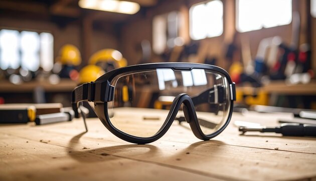 Black framed clear safety glasses rest on a wooden workbench A blurred workshop background shows tools and hard hats - Powered by Adobe