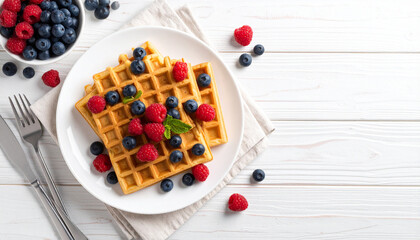 Two waffles topped with fresh raspberries and blueberries on a white plate, next to a bowl of blueberries.