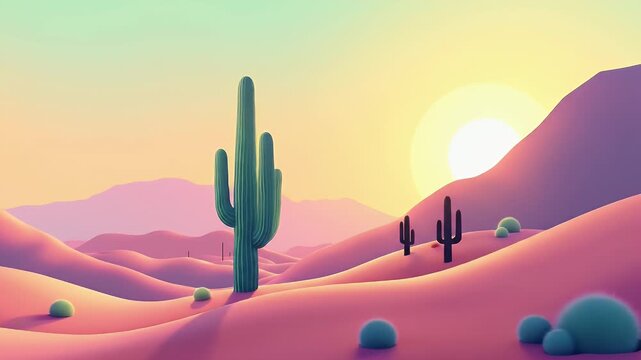 Retro-style illustration of a desert landscape with tall cacti, sand dunes, and a pastel-colored sunset sky, featuring flat vector shapes and textured gradients.

