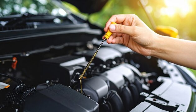 A human hand holds a yellow tipped dipstick checking the motor oil level in a modern car's engine bay