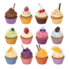 A delicious collection of twelve assorted cupcakes with various toppings and colorful wrappers isolated on transparent background
