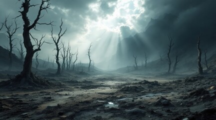 Desolate landscape with barren trees under dramatic clouds and beams of light.