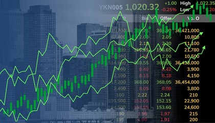 Stock market growth vector with green candlestick chart and rising lines. Ideal for illustrating...