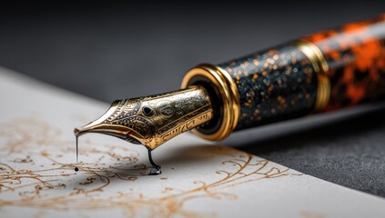 Golden fountain pen nib dripping ink onto aged paper