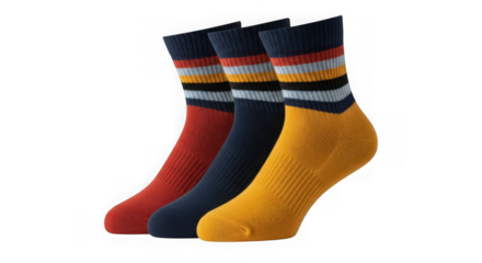 Three striped socks red blue and yellow isolated on transparent background