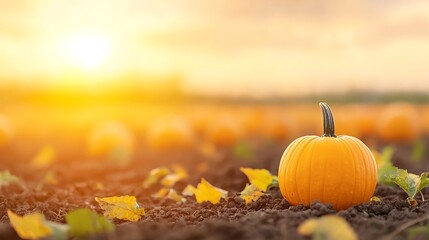 Single pumpkin in a field at sunrise with golden light