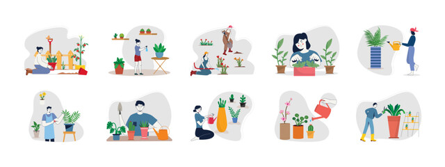 Fototapeta premium Gardening illustrations set. Flat illustrations packs. Vector illustrations concept.