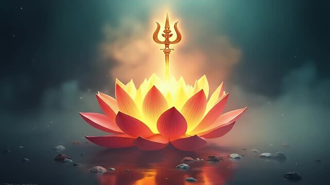 A conceptual blend of elements from Indian mythology &mdash; glowing lotus, trident, conch shell, and divine aura floating in a misty space &mdash; depicted in a modern abstract style without human figures.

