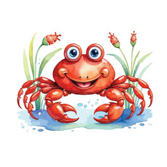 Cute red cartoon crab with big claws by the ocean