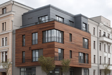Fototapeta premium closeup view of modern wooden building facades showcasing their unique textures and colors