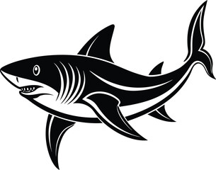 Black shark swimming with sharp teeth and fins white ocean