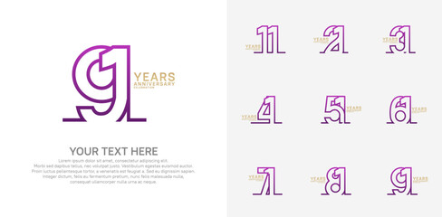 Anniversary logo set vector design, purple and gold color for celebration event