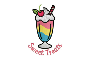 Pink yellow blue layered milkshake with cherry and straw