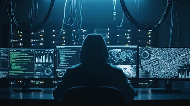 Hacker in Hoodie Sitting in Dark Server Room Monitoring Multiple Screens with Code Charts Satellite Map and Cyber Surveillance System.