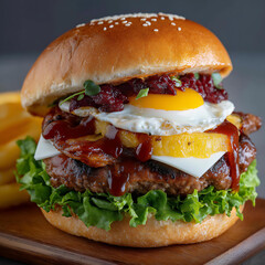 Mouthwatering Cheesy Burger with Bacon, Egg, and Crispy Fries - Delicious Grilled Comfort Food for Lunch, Dinner, or Breakfast