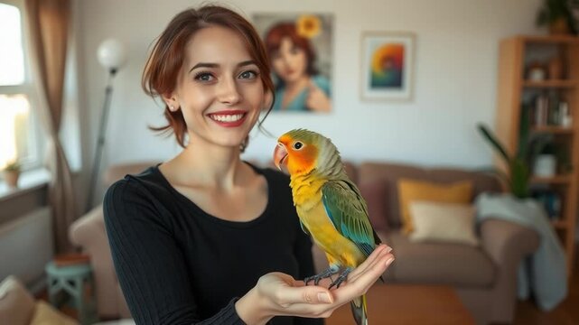 A smiling woman gently holds a colorful lovebird parrot on her hand in a cozy living room