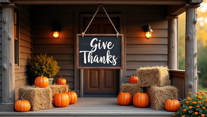 Obraz premium A charming thanksgiving porch scene showcases pumpkins, hay bales, and a give thanks sign, creating a warm and inviting autumn ambiance