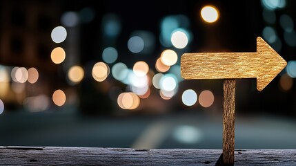 Close up of a rustic wooden arrow sign pointing right against a blurred city night background with colorful bokeh lights