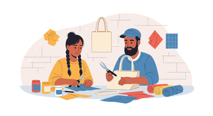 Two people crafting reusable shopping bags, surrounded by colorful crafting materials.