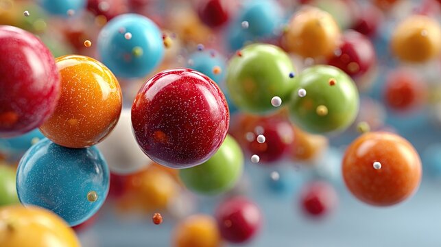 Brightly colored gumballs and sugar sprinkles float against a soft light blue background