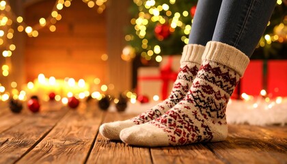 Cozy Christmas socks by a fireplace