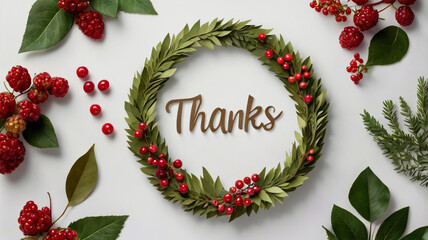 A handcrafted wreath with berries and leaves spells out thanks on a clean white background, ideal for holiday cards and seasonal greetings