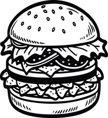 Black and white illustration of a layered hamburger with sesame seeds on the bun lettuce
