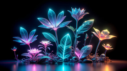 Glowing neon flowers and leaves in a dark futuristic garden landscape