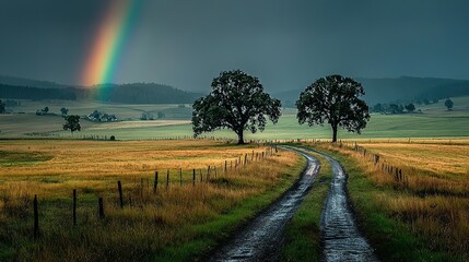 Green field with two tree shadows on grass, rainbow in background, road leading to one, evoking serene hope for nature landscape wallpaper, poster design, or outdoor-themed backdrop.