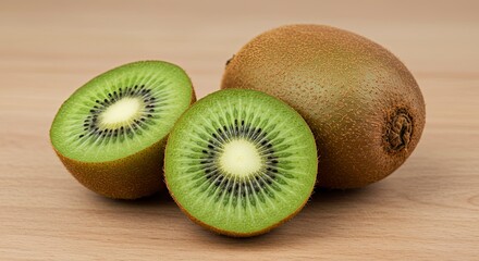 Fototapeta premium Juicy Kiwi Fruit Halves and Whole on Wooden Surface: Vibrant Green Interior, Detailed Texture