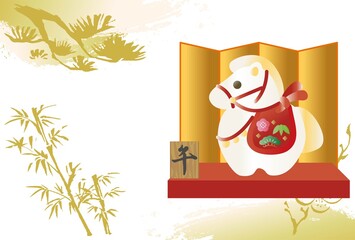 年賀状　年賀2026　午　午年　馬　うま　土鈴　かわいい　はがきテンプレート　デザイン　イラスト素材
