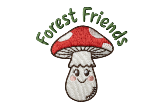 Smiling mushroom with forest friends text white green