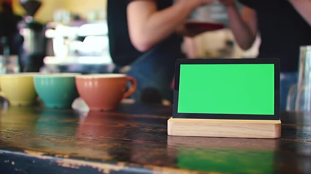 Green Screen Tablet on Wooden Stand in Coffee Shop