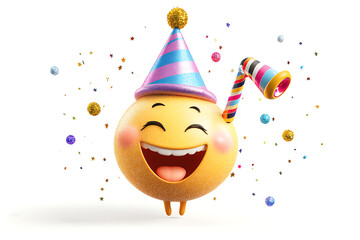 A cheerful party emoji celebrates with a festive hat, noisemaker, and colorful confetti on a bright white background, conveying joy and celebration.