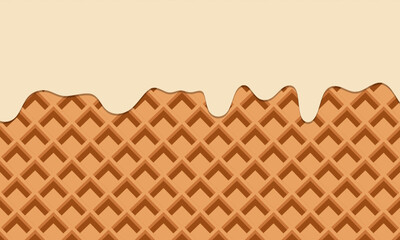 Melted caramel over wafer background. Sweet waffles with flowing cream. bakery menu decoration with dripping ice cream and wafers