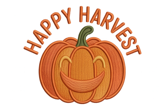 Smiling pumpkin with happy harvest text autumn fall