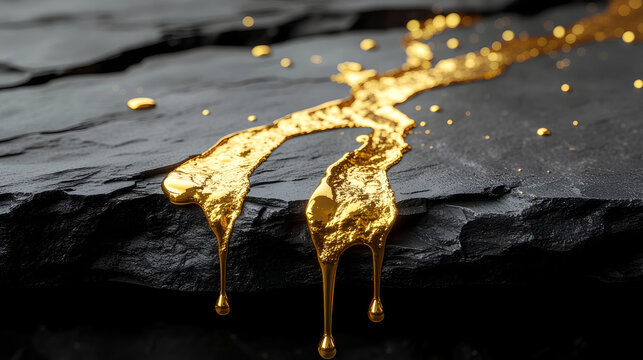 Molten gold liquid flowing and dripping over dark textured stone surface - Powered by Adobe