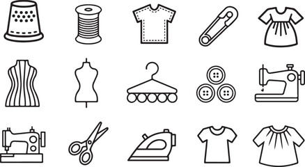 Sewing Supplies Thin Line Icon Set.Family Sewing Icons. Outline icon set of family sewing day: fabric, thread, sewing machine, needle, scissors, quilting,