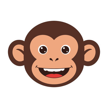A cheerful cartoon monkey face with a wide smile is isolated on white background
