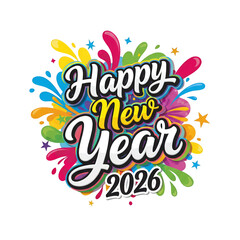 Vibrant Happy New Year 2026 Celebration Design with Colorful Graphic Elements and Festive Typography for Greeting Cards