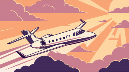 A private jet flying through a stylized sky with clouds and sun rays in a retro art style scene