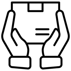 Package Care Outline Icon Vector Design - Two hands holding a package, representing fragile handling, secure delivery, or product care