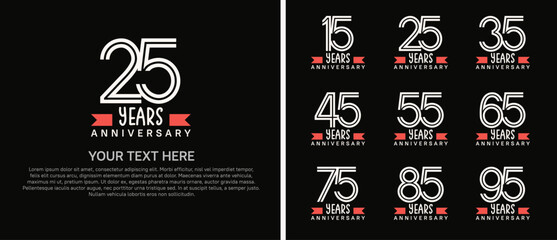 logo anniversary set. white color with red ribbon on black background for special event