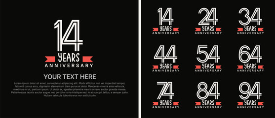 logo anniversary set. white color with red ribbon on black background for special event
