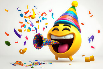 Smiling yellow face emoji celebrates with a party hat and confetti, joyfully blowing a horn for festive occasions and expressing cheerful vibes.